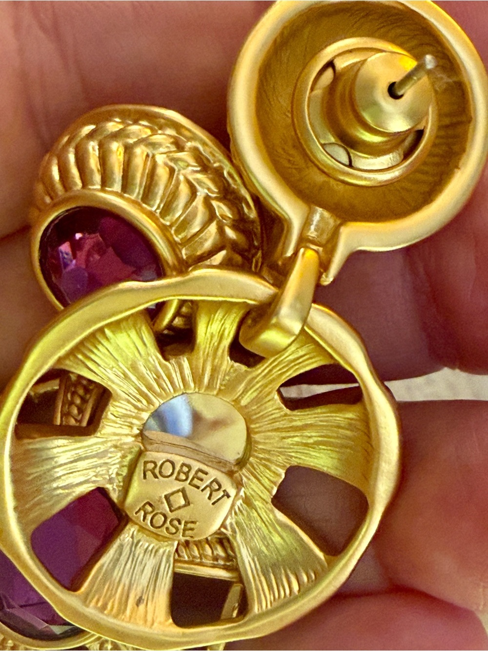 Vintage Robert Rose Museum Gold Purple Crystal Roman Dangle Disc Earrings - Post - Picture 10 of 11